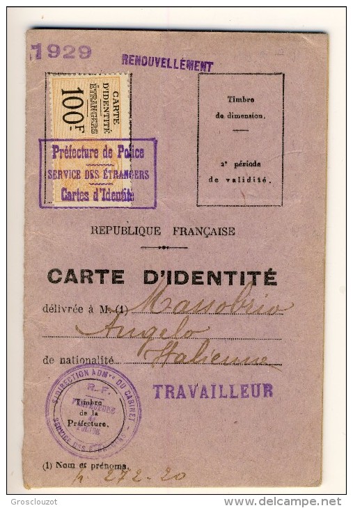 Carta D'identità Francese Per Lavoratori Immigrati (1929). Con Foto - Documenti Storici