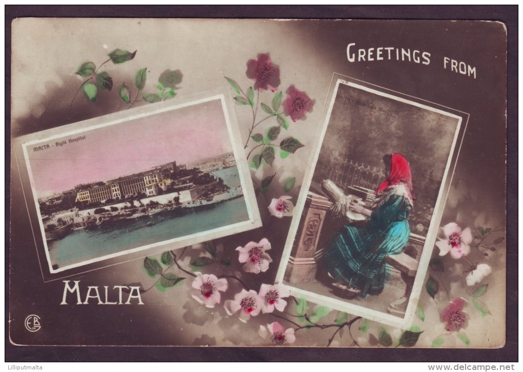 Old Malta Photo Handpainted Postcard 1910s Bighi Hospital And Lace Worker - Malta