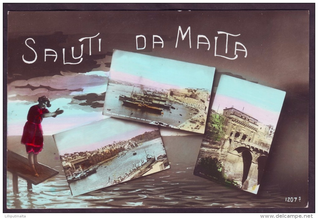 Old Malta Photo Handpainted Postcard 1910s King’s Gate, The Grand Harbour And Senglea - Malta