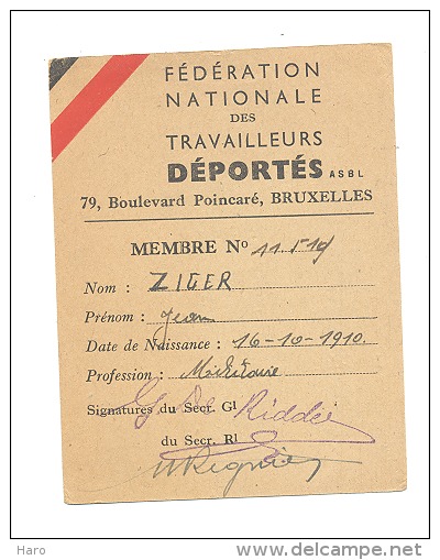 Carte De Cotisation Des Travailleurs Déportés - Section Verviers 1945 - Guerre 40/45 - Cartes De Visite