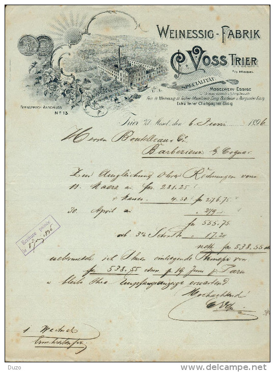 Allemagne - Trier (Trèves)  - Entête Du 6 Juni 1896 - J.C.Voss. - Weinessig-Fabrik.Extra Feiner Champagne - Essig - 1800 – 1899