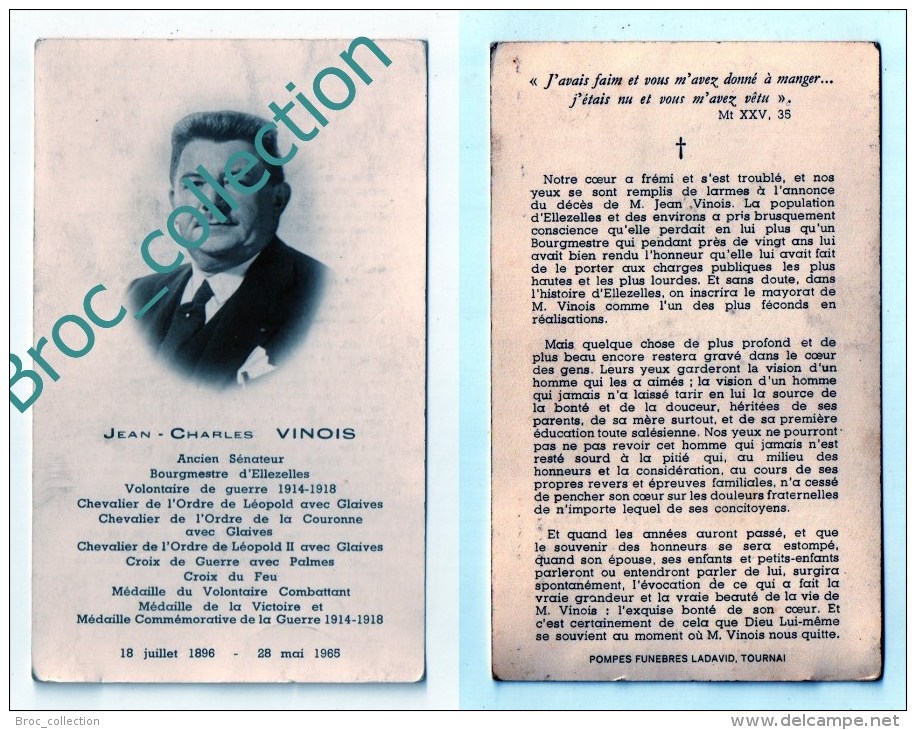 Ellezelles, Mémento De Jean-Charles Vinois, 28/05/1965, Sénateur, Bourgmestre, Croix De Guerre... - Images Religieuses