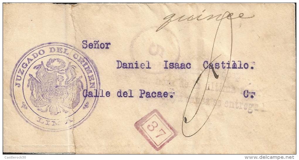 G)1911 PERU, JUZGADO DEL CRIMEN LIMA-COAT OF ARMS CIRC VIOLET STRIKE, 37 RED STRIKE, MANCO CAPAC, INTERNAL USAGE, XF - Peru