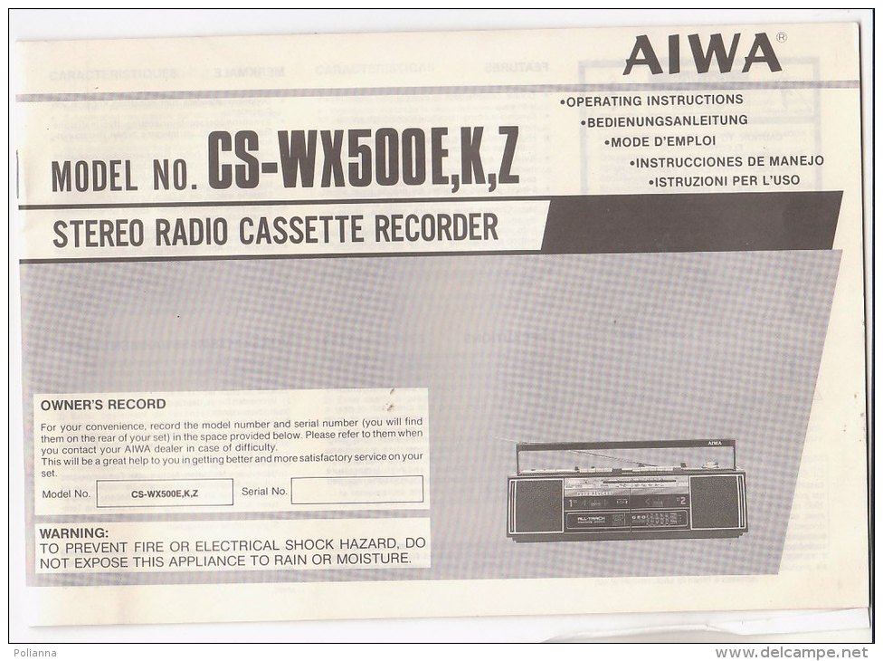 C1901 - LIBRETTO ISTRUZIONI STEREO RADIO CASSETTE RECORDER AIWA Model No. CS-WX500E,K,Z - Empfänger