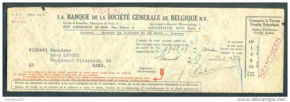 Société Genérale De Belgique 1937 Gand Gent René Latour - Banque & Assurance