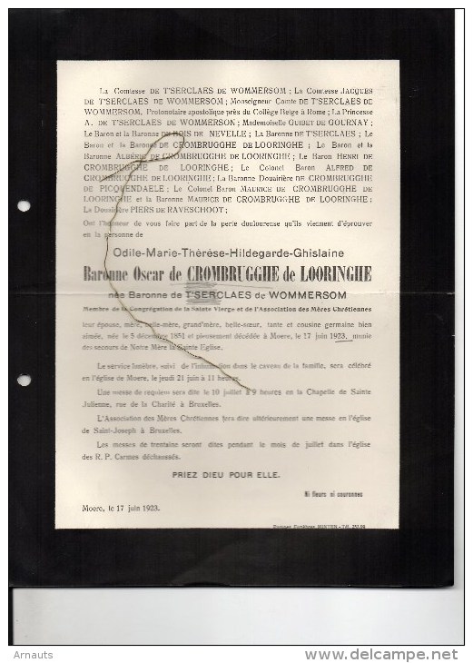 Odile Baronne Oscar De Crombrugghe De Looringhe Née T'Serclaes De Wommersom °1851 Anvers + Moere Gistel  1923 Jooris - Obituary Notices