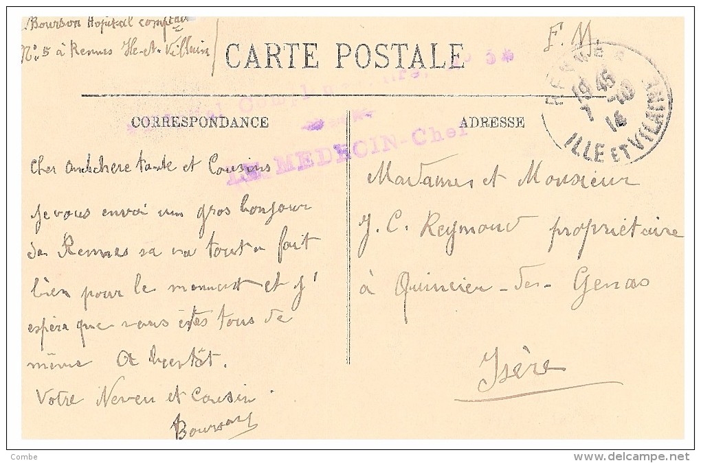 1914. CP RENNES. ANIMÉE. CACHET HÔPITAL COMPLÉMENTAIRE N° 5 à RENNES.   / 7079 - Covers & Documents