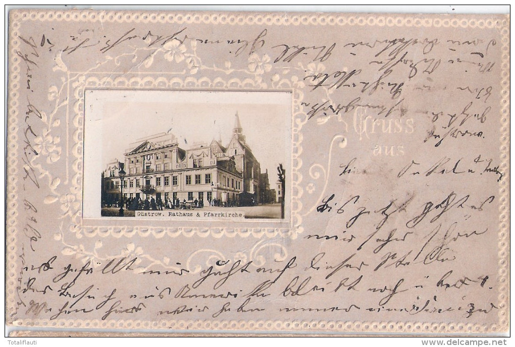 GÜSTROW Rathaus & Pfarrkirche Belebt Jugenstil Rahmung Passepartout 12.7.1901 Gelaufen - Guestrow