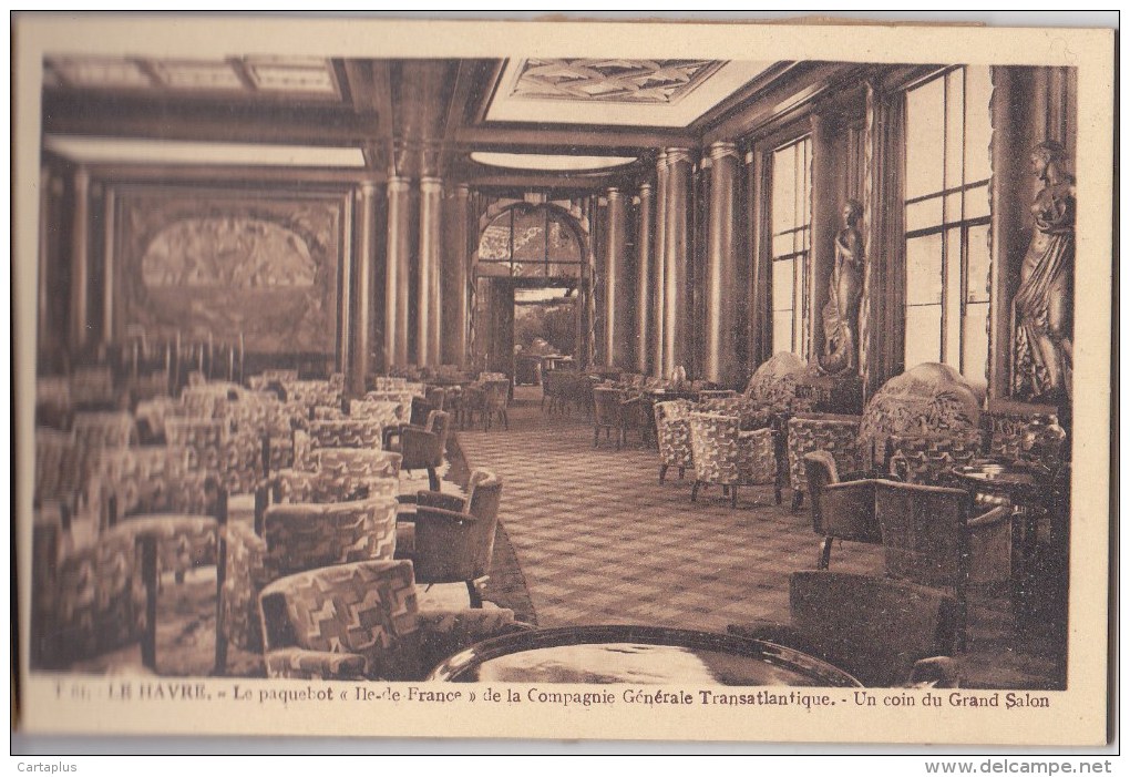 CARNET LOT 10 CPA PAQUEBOT ILE DE FRANCE TRANSATLANTIQUE LE HAVRE TERASSE SALON BIBLIOTHEQUE SALLE DES SPORTS TRANSPORT - Paquebots