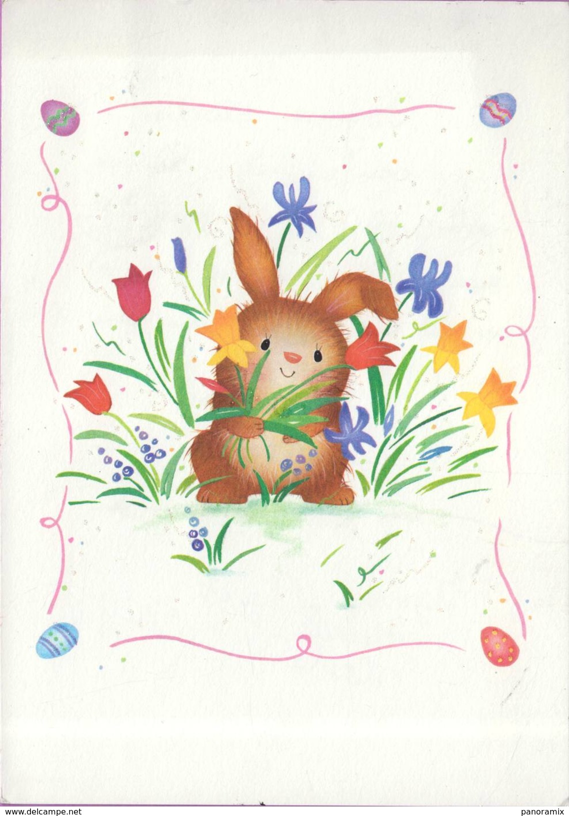 Voeux °° Pâques - Lapin Dans Fleurettes - Cadre Avec Oeufs  - Encart écrit 14x20 - Easter