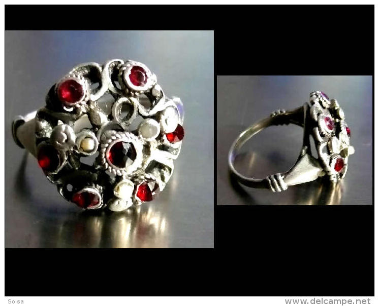 Très Jolie Bague Russe XIXème Perles Et Grenats T54 / Old Russian Silver, Pearls And Granates Ring - Anelli