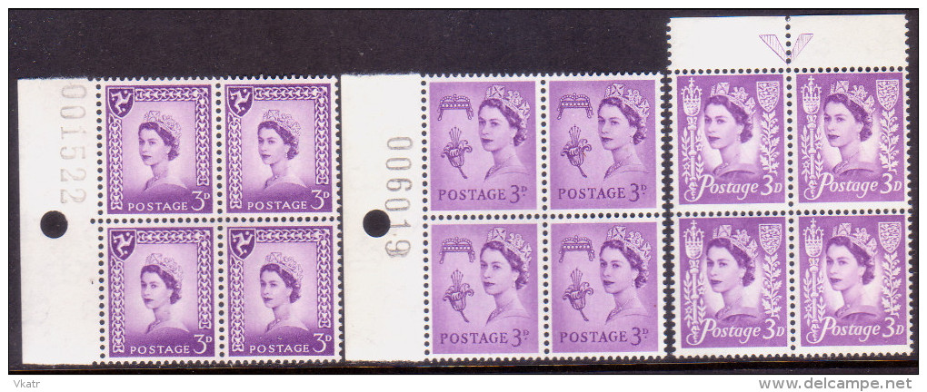 GREAT BRITAIN CHANNEL ISLANDS 1958 SG Guernsey #7, Jersey #10(vert.folded), IOM #2 In Blocks Of 4 W/margins MNH - Unused Stamps