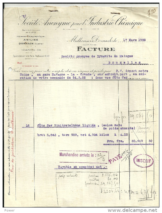 MULHOUSE DORNACH   SOCIETE ANONYME Pour L'INDUSTRIE CHIMIQUE   17.03.1928 - 1900 – 1949