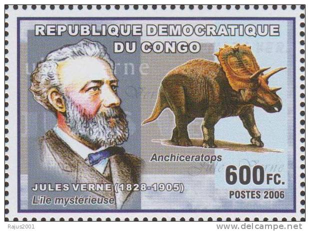 Jules Verne, Writer, Father Of Science Fiction, Anchiceratops, Dinosaur, Prehistory, MNH Congo - Vor- U. Frühgeschichte