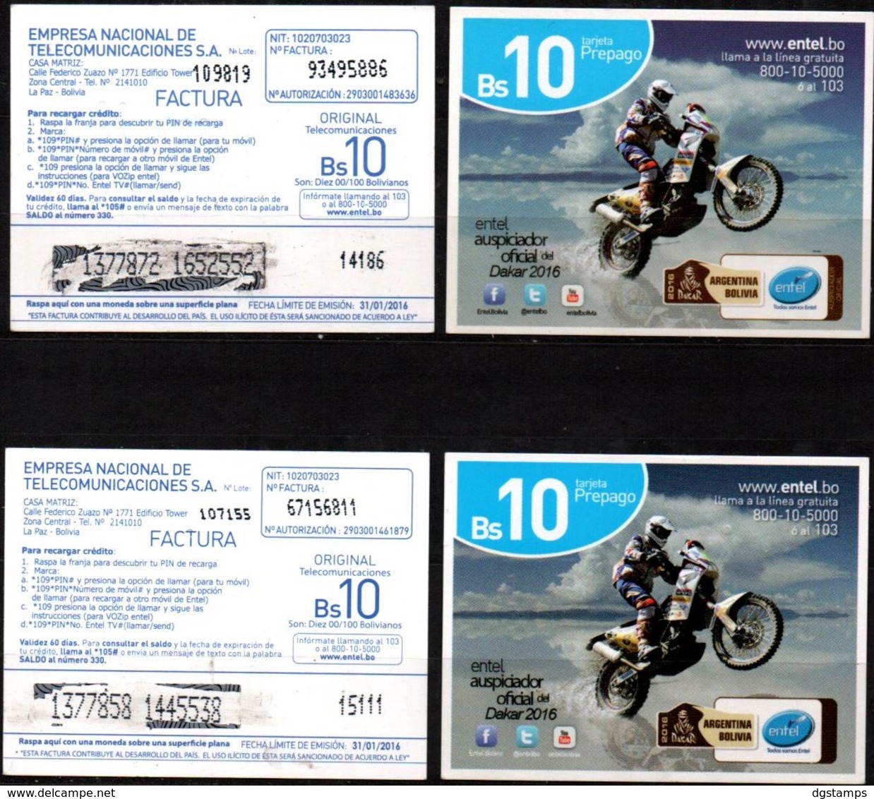 Bolivia 2015 - 31-01-2016 Prepago ENTEL. DAKAR 2016 Argentina - Bolivia. Moto. 2 Tiradas. Números Grandes Y Pequeños - Motos