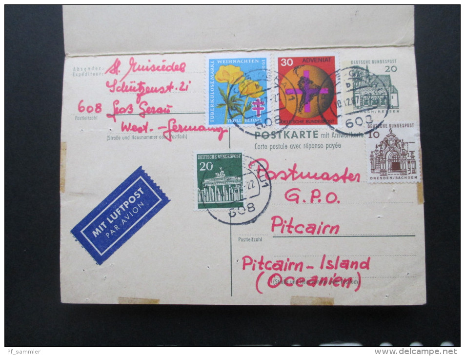 BRD GA P94 Nach Pitcairn Islands Mit Antwortkarte. 1967/68 Tolle Frankatur Sehr Seltene Destination! Registered Air Mail - Pitcairn