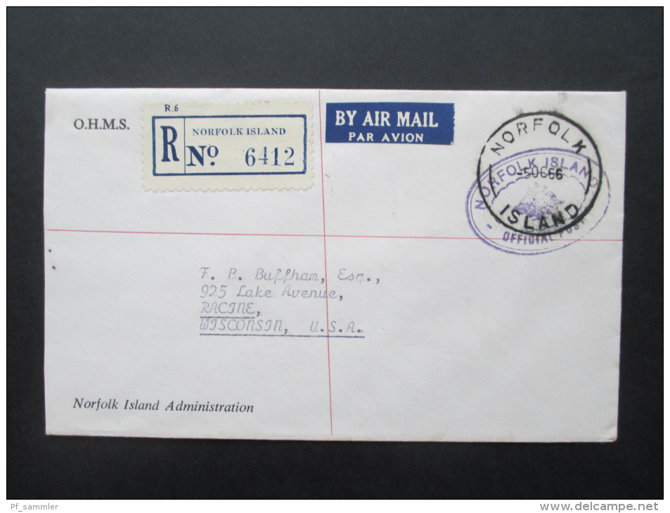 Norfolk Island 1966 Registered Letter R No 6412. Dienstpost O.H.M.S. Norfolk Island Administration. Nach Wisconsin USA - Norfolkinsel