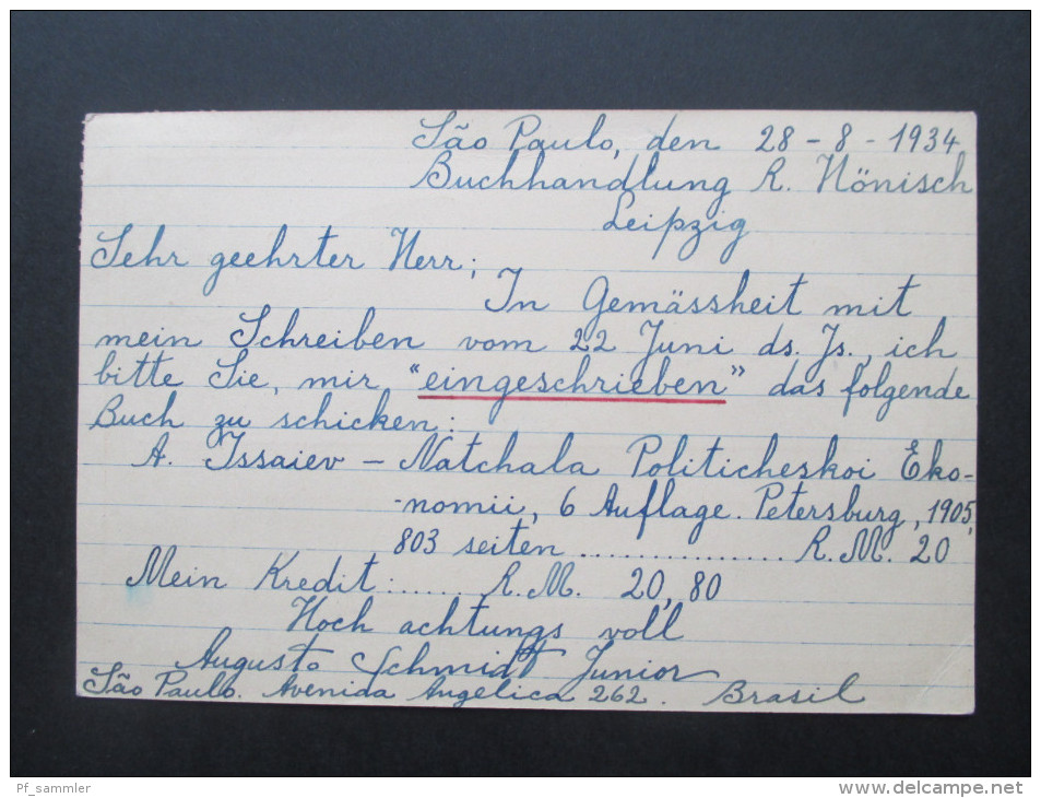 Brasilien Ganzsache Mit Zusatzfrankatur 1934 Nach Leipzig. Buchhandlung R. Hönisch - Interi Postali