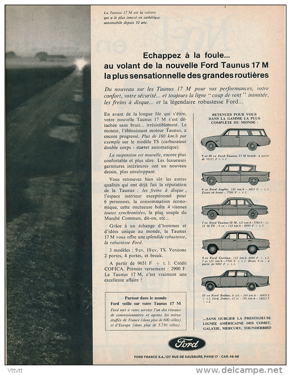 Ancienne Publicite (1963) : FORD TAUNUS 17 M, Anglia, Cortina, Zodiac, Automobile, Voiture (2 Volets) - Publicités