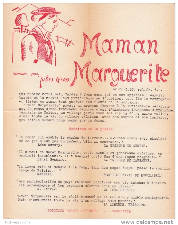 Valais - Publicité Pour Le Roman De Jules Gross Maman Marguerite, ça 1935, 1 F. 27 / 21,5 Cm, Bichromie - Publicités