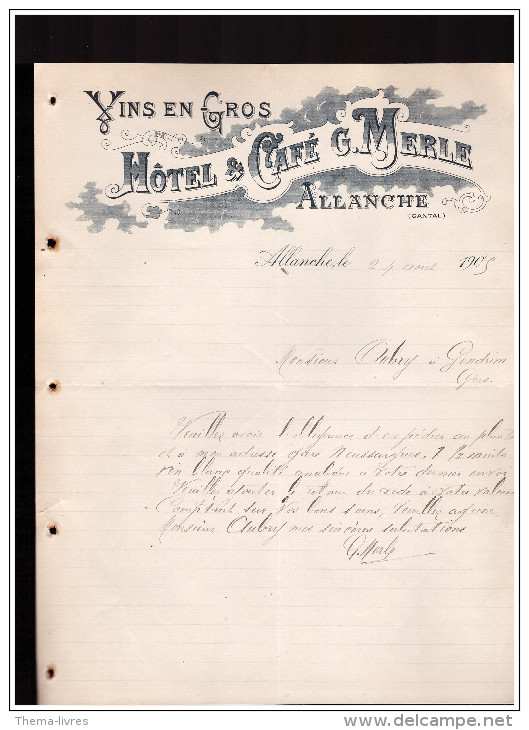 Lettre Avec Entete HOTEL MERLE (Allanche Cantal) 1905 (PPP1838) - Deportes & Turismo