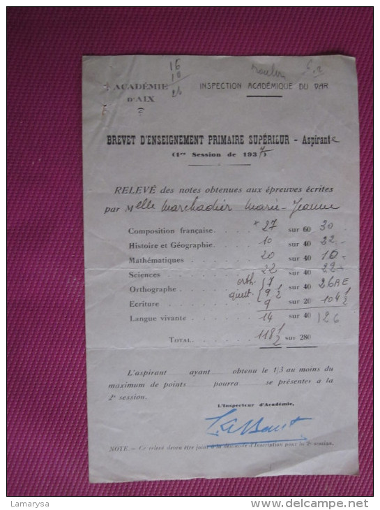 SESSION 1937 BREVET ENSEIGNEMENT PRIMAIRE SUPERIEUR ASPIRANTE MERCHADIER MARIE-JEANNE RELEVé NOTES 118.5 SUR 280 > 14/20 - Documents
