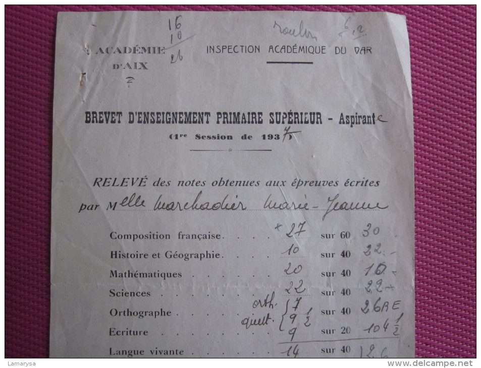 SESSION 1937 BREVET ENSEIGNEMENT PRIMAIRE SUPERIEUR ASPIRANTE MERCHADIER MARIE-JEANNE RELEVé NOTES 118.5 SUR 280 > 14/20 - Dokumente