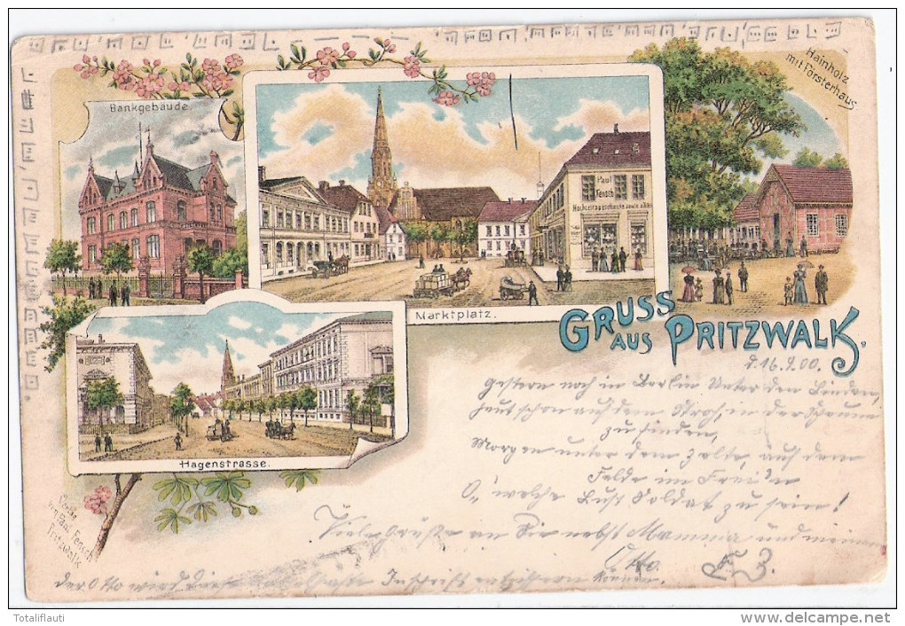 PRITZWALK Color Litho Hagenstraße Bankgebäude Markt Mit Verlagshaus Fensch Hainholz 16.9.1900 Gelaufen - Pritzwalk