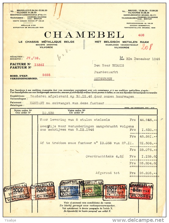 CHAMEBEL - Les Chassis Métallique Belge / Het Belgisch Metalen Raam - Factuur Met Takszegels 31 Dec 1946 - 1900 – 1949