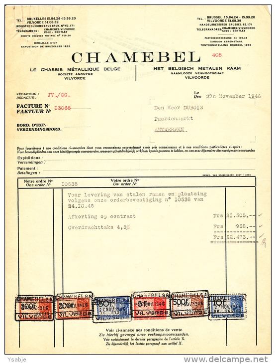 CHAMEBEL - Les Chassis Métallique Belge / Het Belgisch Metalen Raam - Factuur Met Takszegels - 27 November 1946 - 1900 – 1949