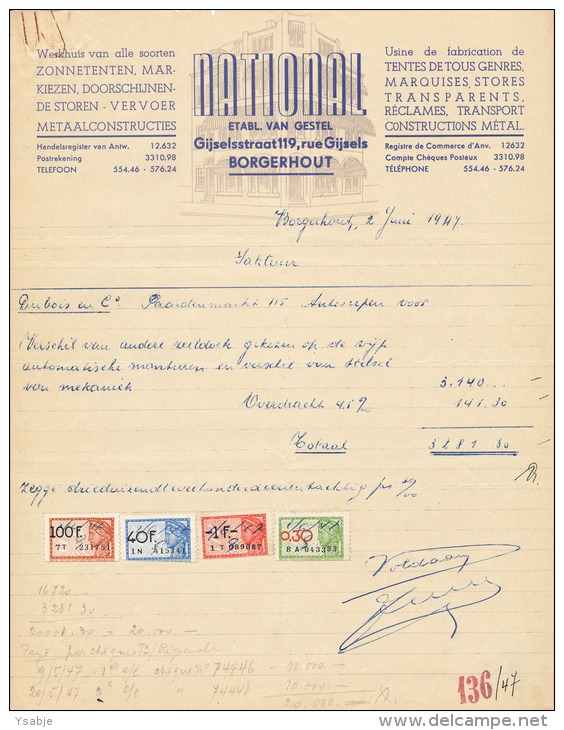 National - Etabl. Van Gestel Borgerhout - Factuur Van 2 Juni 1947 Voor Zeildekplaatsig Met Takszegels - 1900 – 1949