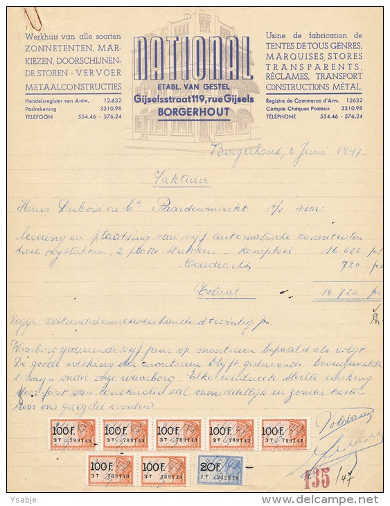 National - Etabl. Van Gestel Borgerhout - Factuur Van 2 Juni 1947 Met Takszegels - Aan "in De 100.000 Kostumen" - 1900 – 1949