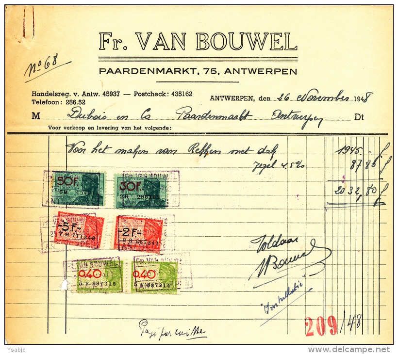 Fr. Van Bouwel - Factuur Voor Het Maken Van Rekken Met Dak. Met Takszegels. 26 November 1948 - 1900 – 1949