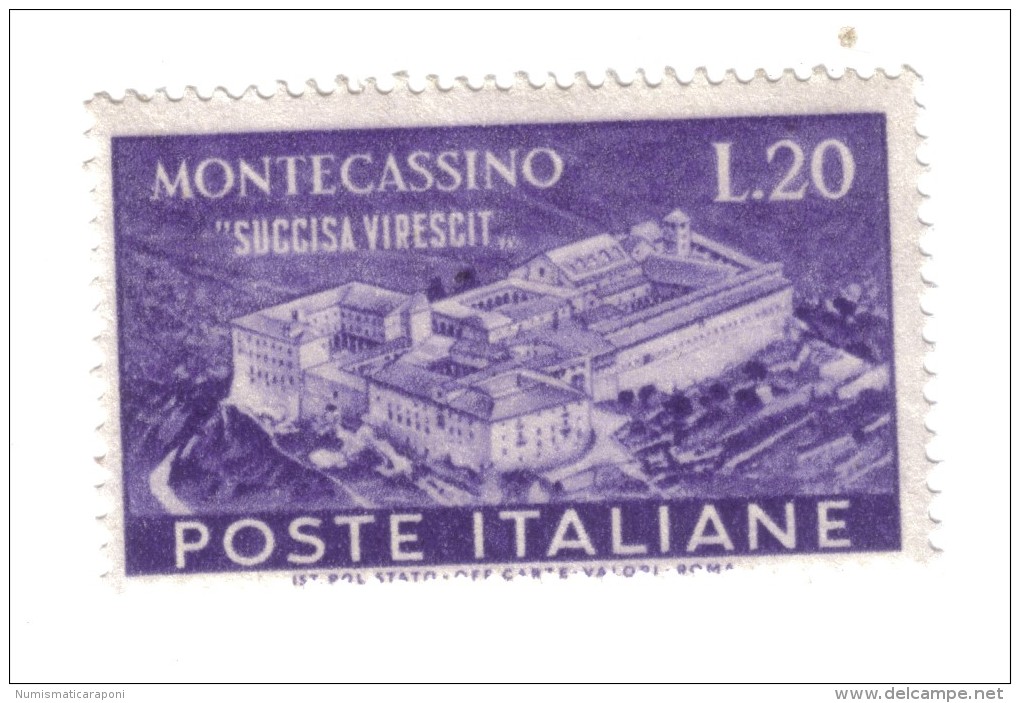 1951 20 Lire Montecassino SASSONE N° 664 NUOVO**  COD.FRA.641 - 1946-60: Nuovi