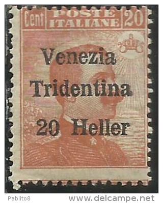 TRENTINO ALTO ADIGE 1918 SOPRASTAMPATO D´ITALIA ITALY OVERPRINTED NUOVO VALORE 20 H SU 20 C MNH - Trentin