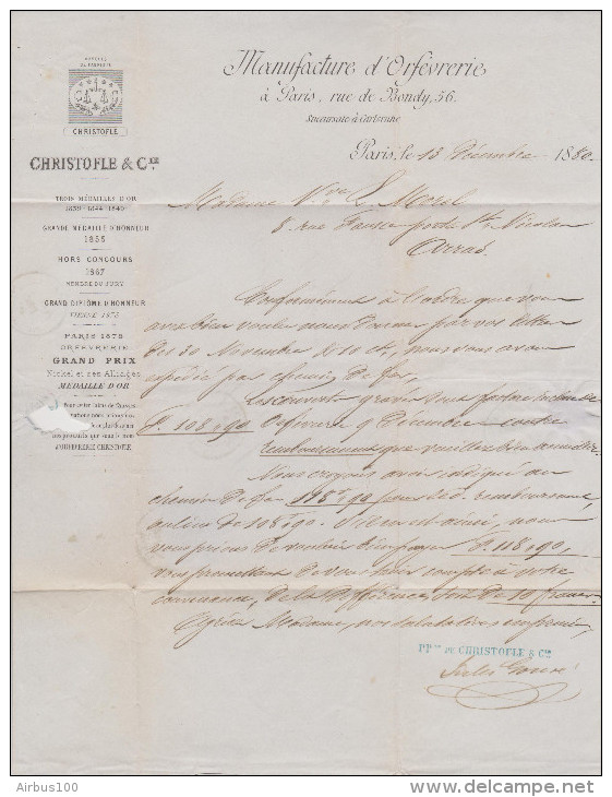 LETTRE ORFEVRERIE CHRISTOFLE PARIS 13 DÉCEMBRE 1880 POUR ARRAS - SAGE 25 C BLEU - ZOOM 4 Scans - - 1877-1920: Période Semi Moderne