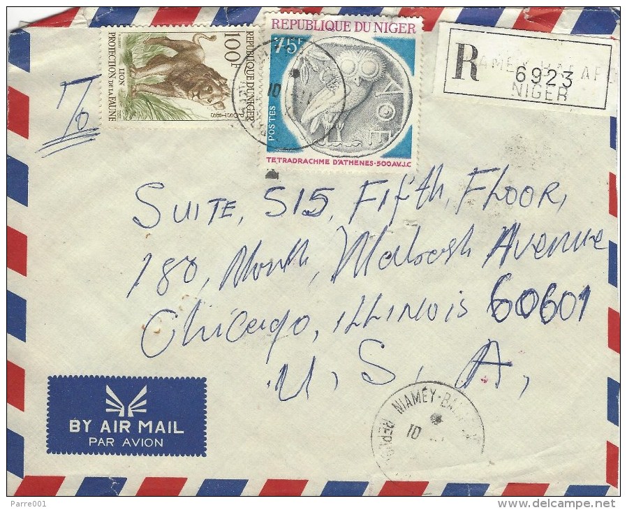 Niger 1975 Niamey Balafon Lion Cat Athens Tetradrachme Coin Registered Cover - Niger (1960-...)