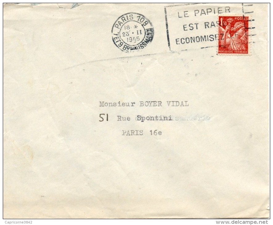 1945 - Timbre IRIS N°652 Sur Lettre - Obl FLIER "LE PAPIER EST RARE ECONOMISEZ-LE" - 1939-44 Iris