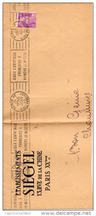 1949 - Paris XX -  Marianne De Gandon N°811 Perforé SH (Ets SIEGEL). Obl RBV "AIDEZ L´ENTR´AIDE FRANCAISE A VAINCRE LA M - Autres & Non Classés