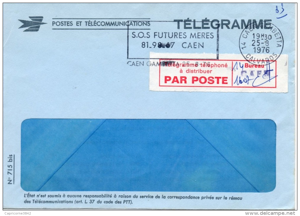 1976 - Enveloppe Télégramme Mod 715bis - Vign. "Télégramme Téléphoné à Distribuer PAR POSTE" Obl SECAP "SOS FUTURES MERE - Other & Unclassified