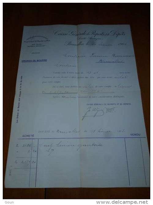 FF2 LC139 - Ordres De Bourse - 1908 - Caisse Générale De Reports Et De Dépôts Bruxelles - Banque - No Actions - Banque & Assurance