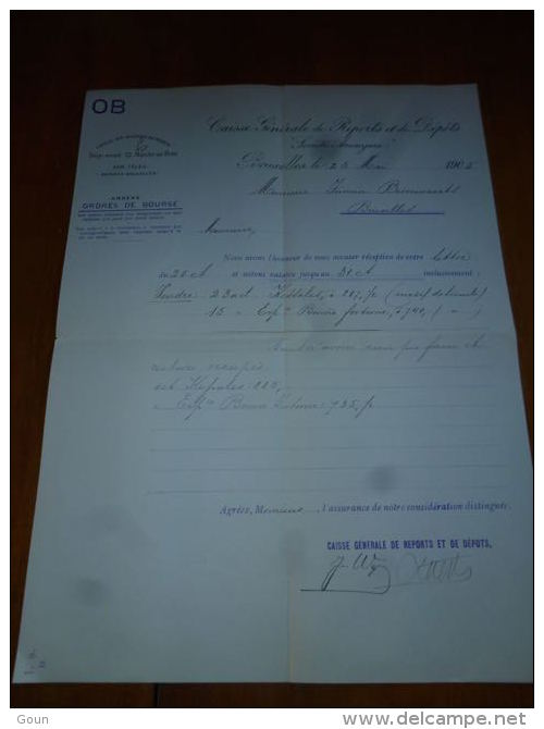 FF2 LC139 - Ordres De Bourse - 1905 - Caisse Générale De Reports Et De Dépôts Bruxelles - Banque No Actions - Bank En Verzekering