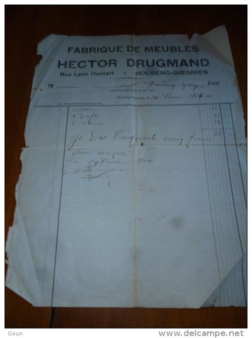 FF2 LC139 - Facture 1914 - Hector DRUGMAND - Fabrique De Meubles Houdeng Goegnies - 1900 – 1949