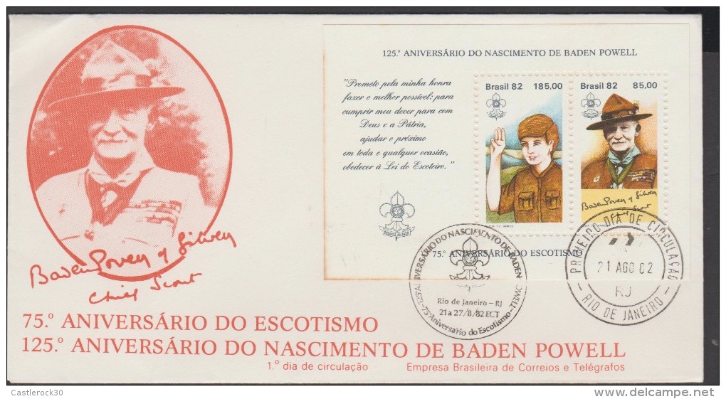 O) 1982 BRAZIL, SCOUTING  PAINTER MUSICIAN MILITARY BDEN POWELL, COAT FLOWER DE LIS, FDC SLIGHT TONED XF - FDC