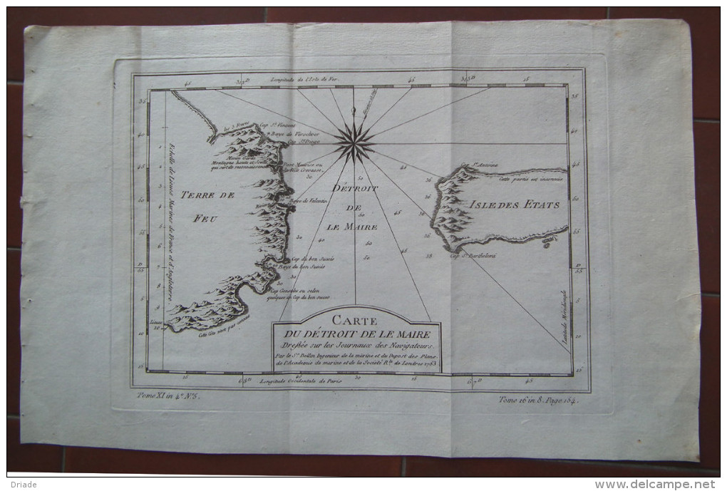 MAPPA CARTA GEOGRAFICA DU DETROIT DE LE MAIRE TERRE DE FEU ISLE DES ETATS ARGENTINA ANNO 1763 - Geographische Kaarten