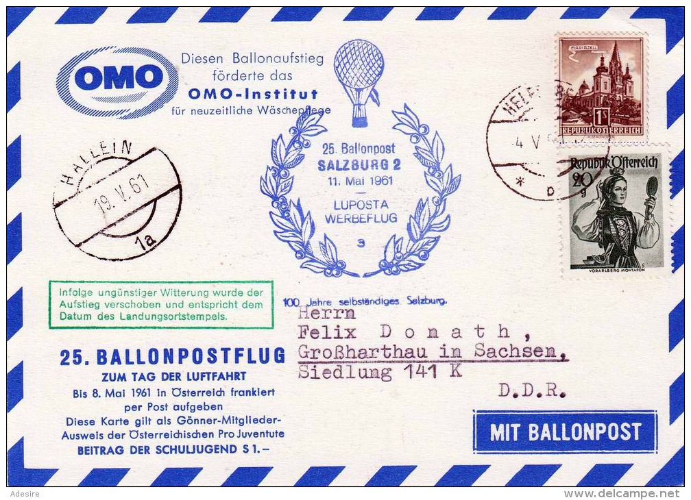 Österreich 1961 - Ak 100 Jahre Selbständiges Salzburg, OMO 25.Ballonpostflug In Die DDR - Covers & Documents