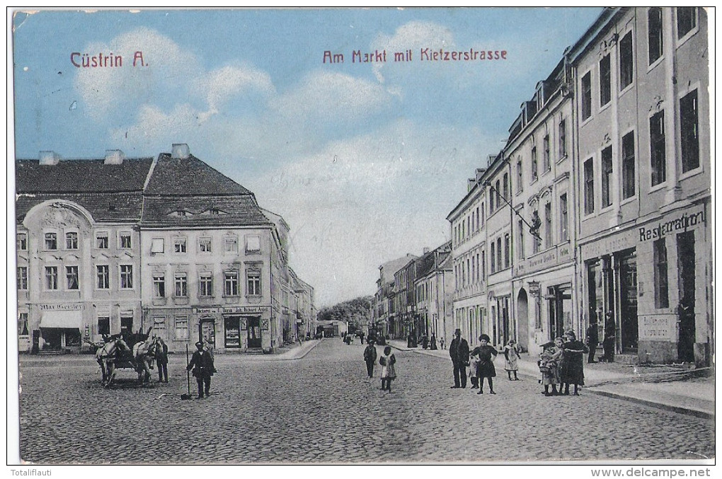 KÜSTRIN Altstadt Markt M Kietzer Straße Kostrzyn Bäckerei C Unruh Läden 9.5.1915 Gelaufen - Neumark