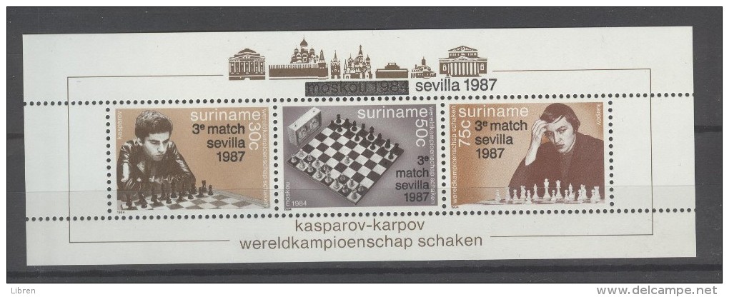 BL4-458 REP SURINAM 1987 M/S, BLOCK 566 3rd MATCH WC KASPAROV-KARPOV CHESS, SCHACH, ECHEC, SCHAAK. MNH, POSTFRIS, NEUF** - Schaken