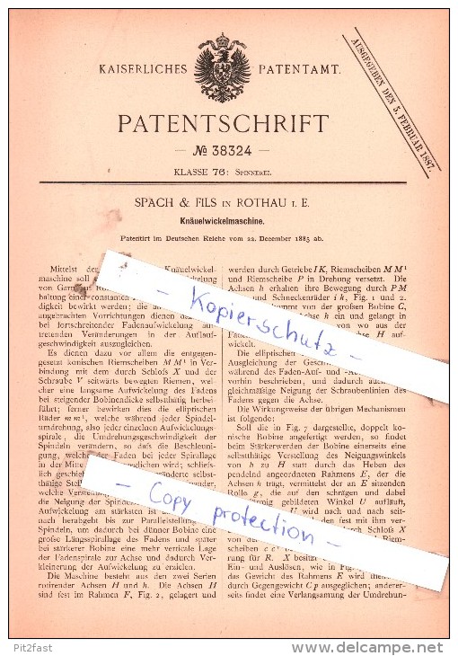 Original Patent - Spach & Fils In Rothau I. E. , 1885 ,  Wickelmaschine !!! - Rothau