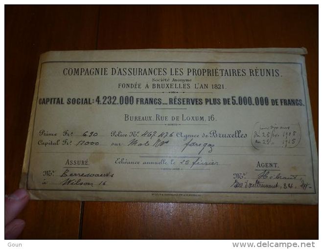AA3-7 LC139 Documents Enveloppe Et Contrat 1905 - Assurances Les Propriétaires Réunis - Bank En Verzekering